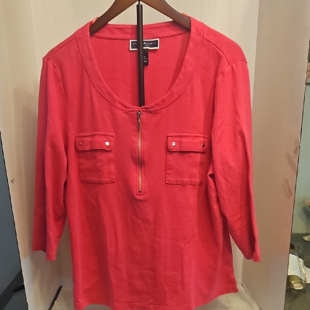 Karen Scott 3 Quarter Length Scoop Neck   Pink Top with Silver  Zipper